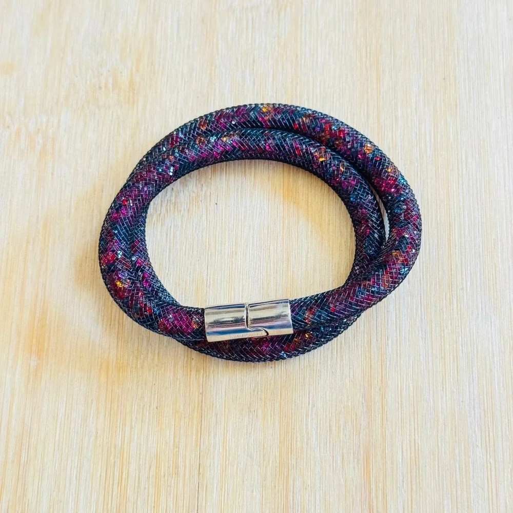 Swarovski Stardust Colorful Mesh Bracelet Crystal Double Wrap Jeweled Silver